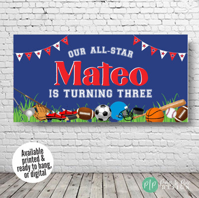 All-Star sports party banner with custom name and age in sports fonts