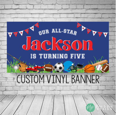 All-Star sports-themed banner for boys birthday with sports equipment and star themed bunting banner decor