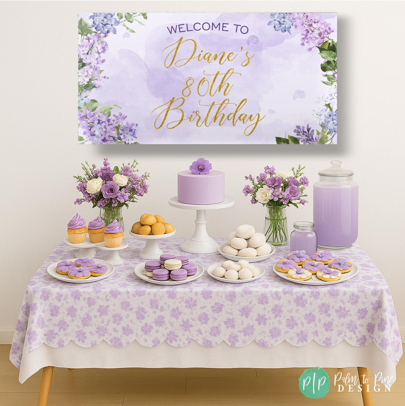 Purple floral birthday banner for women&#39;s birthday in front of lavender dessert table