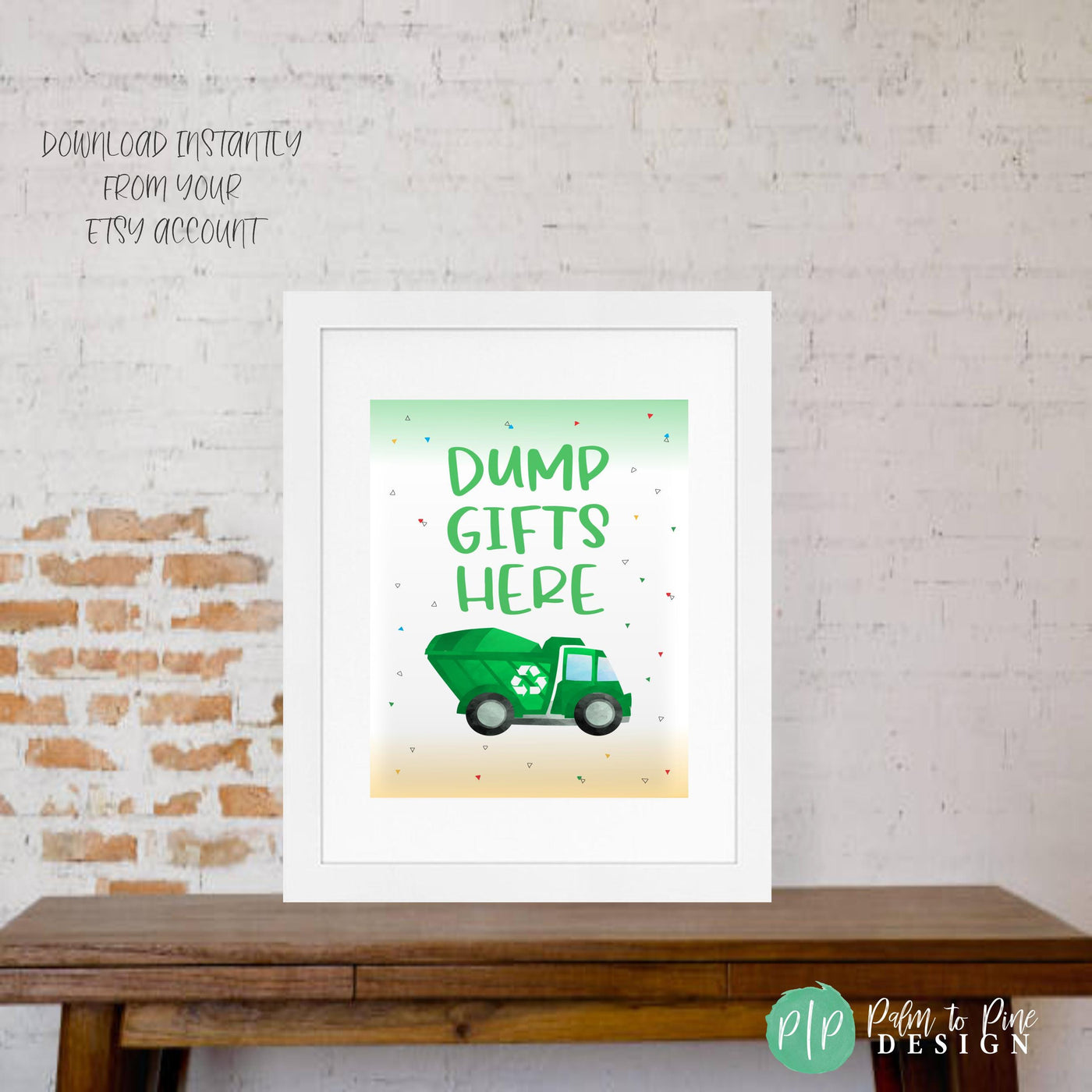 trash truck birthday sign for garbage themed birthday that reads &quot;dump gifts here&quot;