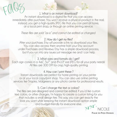 Etsy Instant Download FAQ from Palm to Pine Design