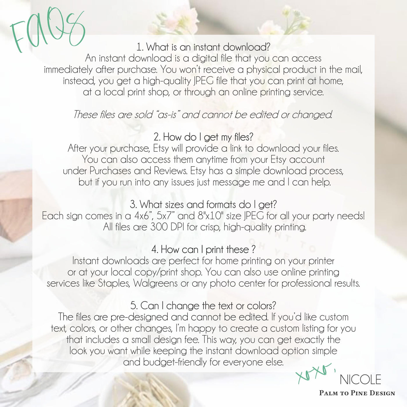 Etsy Instant Download FAQ from Palm to Pine Design
