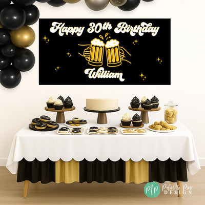 Black and gold Cheers and Beers 30th birthday banner with beer mugs and gold stars displayed as a backdrop behind a birthday dessert table at an adult party.