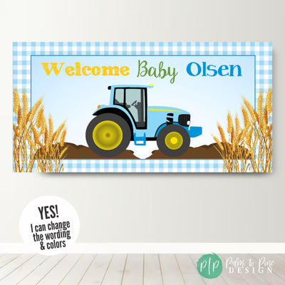 tractor-themed baby shower banner for boys baby shower
