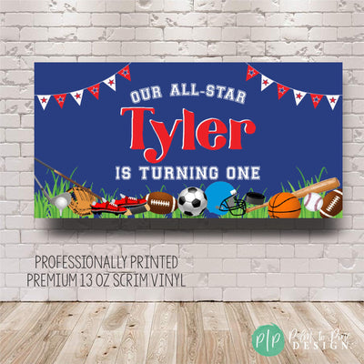 All-Star sports birthday banner with red, white, and blue design, personalized name, and assorted sports balls and equipment