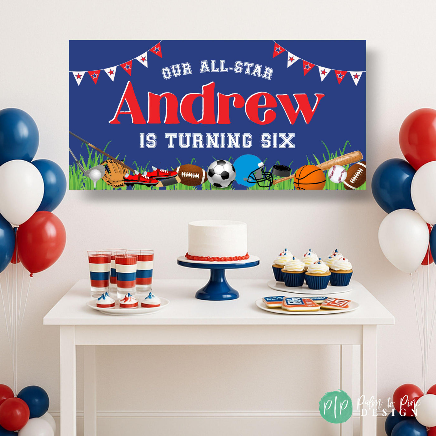 All-Star sports birthday banner in front of simple and modern dessert table