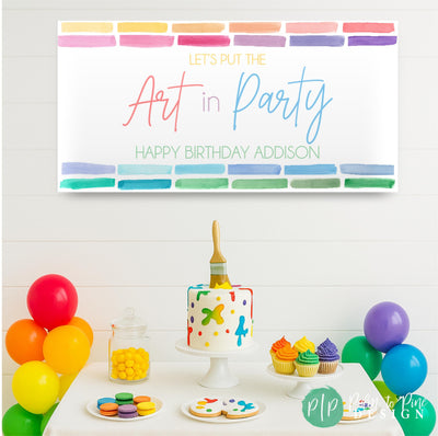 Watercolor Rainbow Art Party Birthday Banner for a Paint-Party with dessert table and painting inspired cake