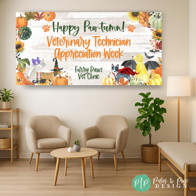 Fall Themed Vet Tech Appreciation Week Banner with pumpkins and pets in Halloween Costumes hanging in waiting room of Veterinary Clinic