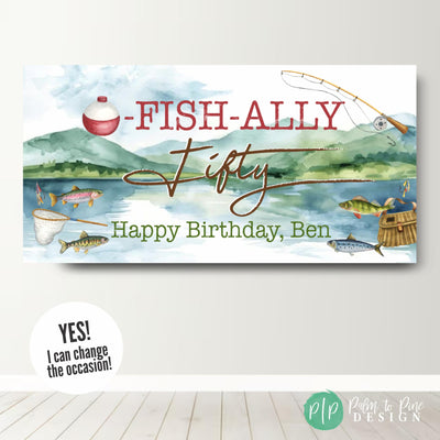 Adult fishing birthday party banner with watercolor lake background, fishing rod and reel, bobbers, and fish clipart decorations, reads O-Fish-Ally Fifty, Happy Birthday (name)