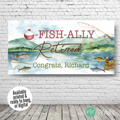 Personalized adult fishing party banner with watercolor lake design and fishing-themed elements like rod, reel, bobbers, and fish