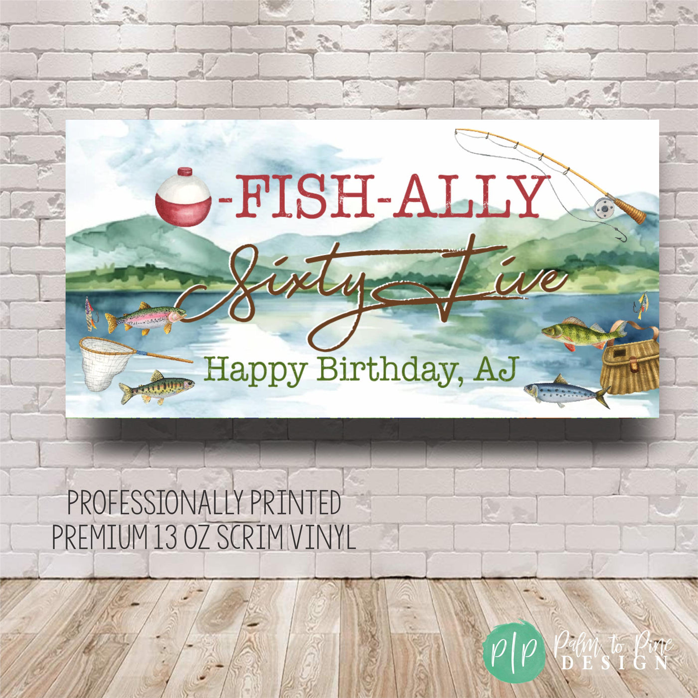Watercolor lake backdrop birthday banner for fishing celebration for men with detailed fishing equipment clipart like rod, reel, bobbers, and fish accents