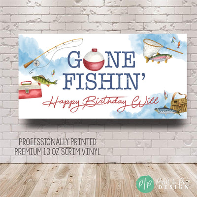 Watercolor fishing backdrop banner for fishing celebration with detailed fishing equipment clipart—rod, reel, bobbers, and fish accents.