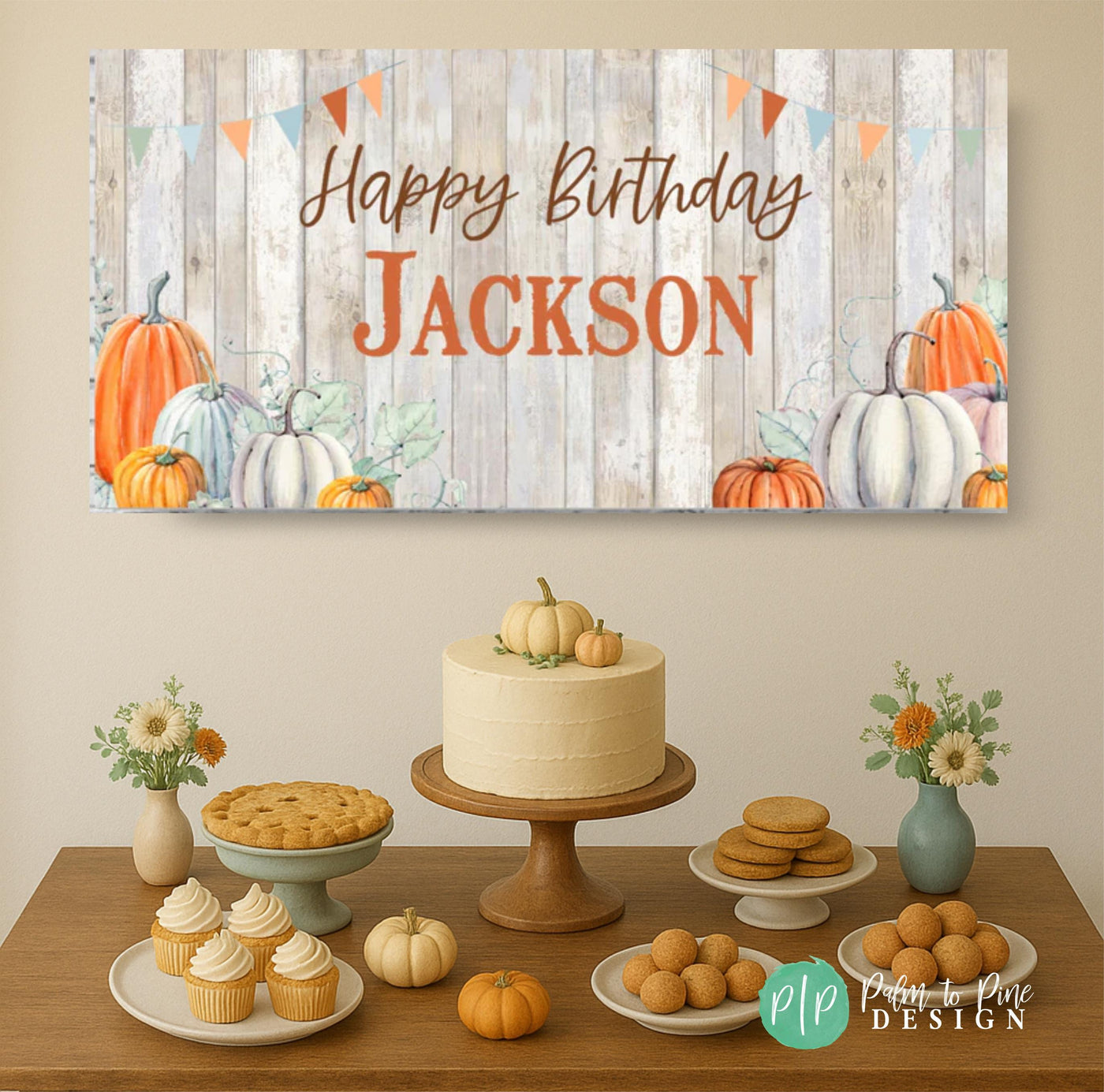 Fall Birthday Banner with rustic charm and pumpkins in light blue and orange color scheme