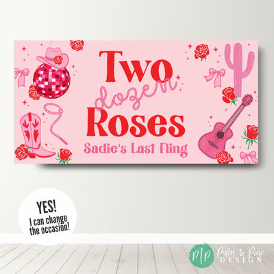 Western cowgirl Two Dozen Roses birthday banner in pink and red with decorative roses, guitar, cactus, and cowboy-themed icons, displayed against a simple wall background