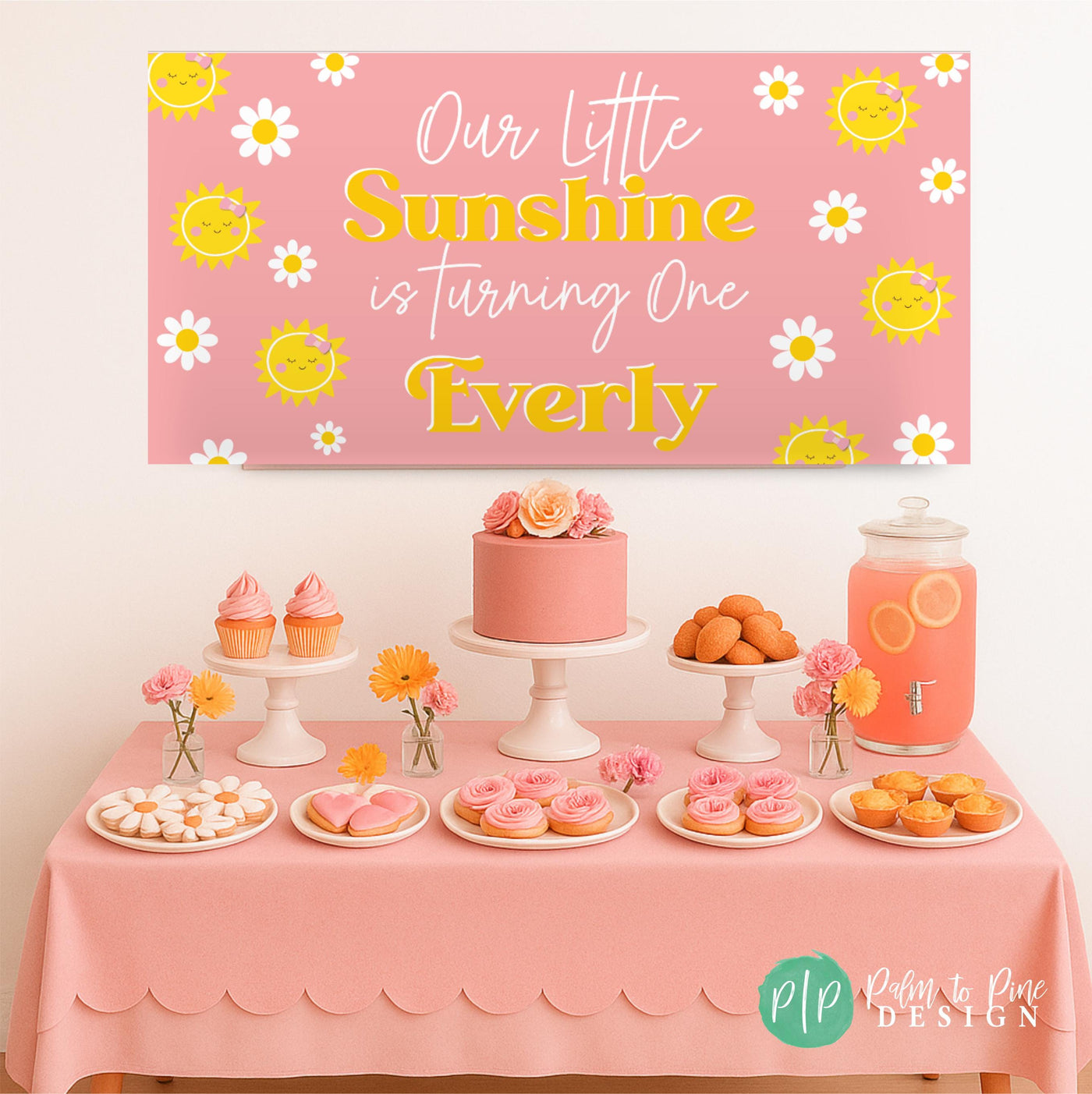 Groovy daisy banner hanging above a cake and cupcakes on a pink dessert table.