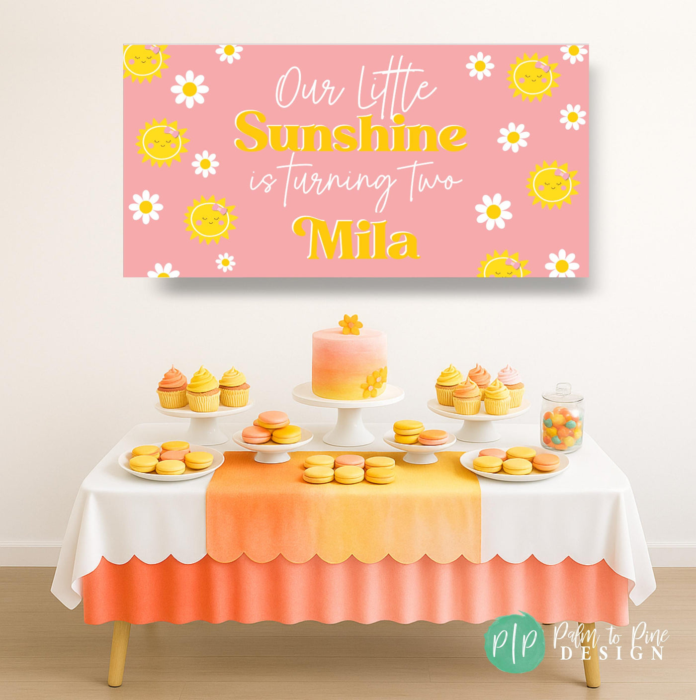 Personalized daisy and sunshine banner above dessert table