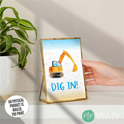 Dig In Food Table Sign for Construction or Things that Go Party in a gold picture frame