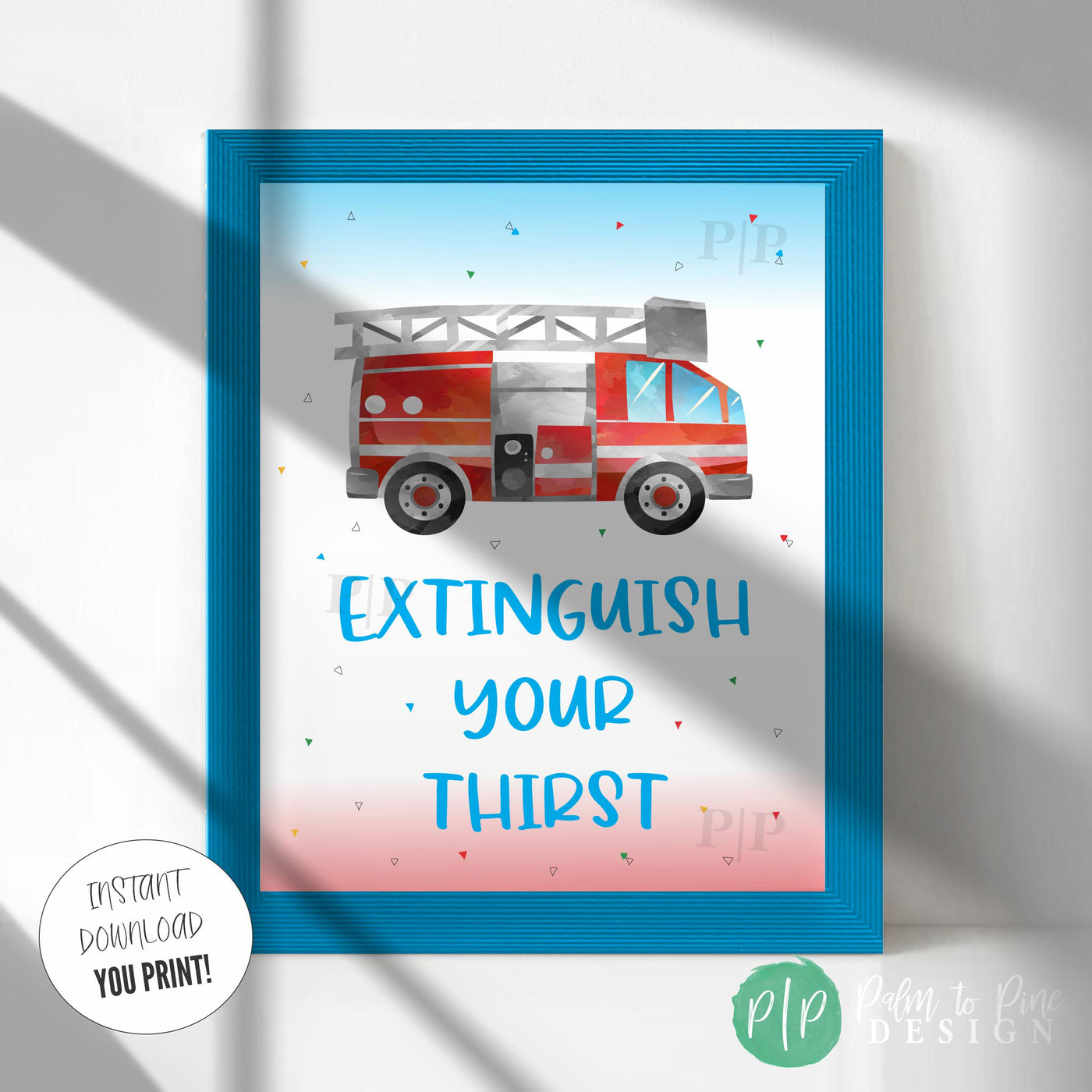 Fun drink station sign for kids’ firetruck party, red and blue with whimsical multicolored triangles and bold kiddy-style text
