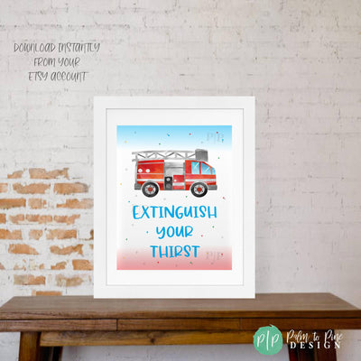 Firetruck birthday party sign for drinks table, red and blue design with cheerful multicolored triangles and playful lettering