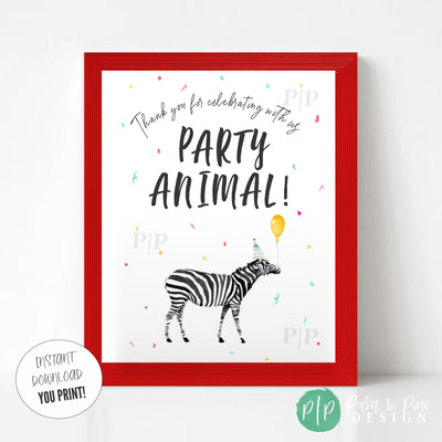 wild one thank you sign with zebra in party hat holding a balloon surrounded by colorful confetti
