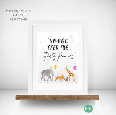 Printable jungle safari birthday sign reading Do Not Feed the Party Animals, featuring cute animals in party hats with balloons and colorful confetti