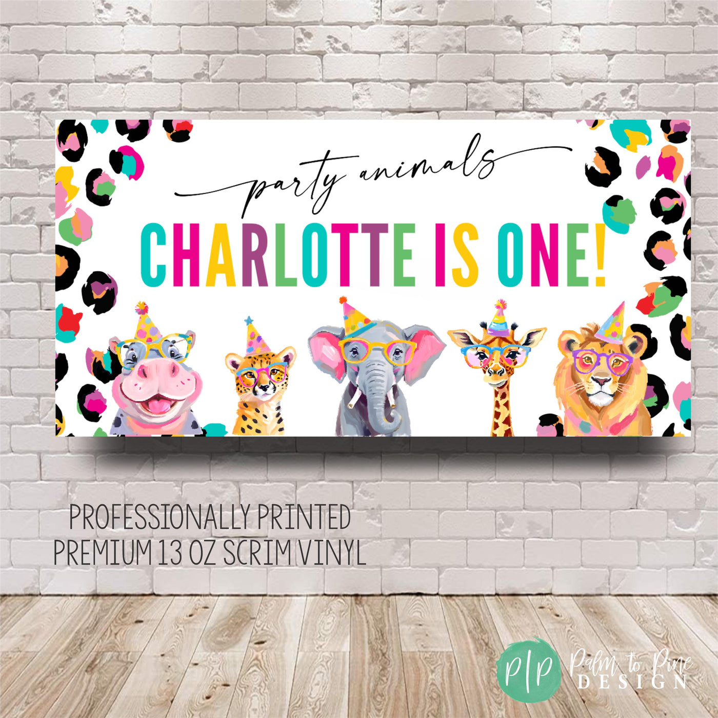 Animals in party hats on a rainbow cheetah print birthday banner