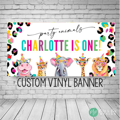 Neon Rainbow Animal Print Birthday Banner with Safari Jungle animals (Hippo, Cheetah, Elephant, Giraffe and Lion) in party hats and a border of colorful leopard print