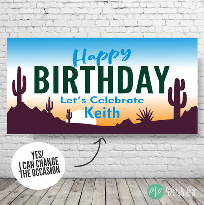 Personalized Retirement Banner, Arizona Sunset Desert Party Backdrop with Cactus, Southwestern Retirement Party Banner, Sunset Desert Decor