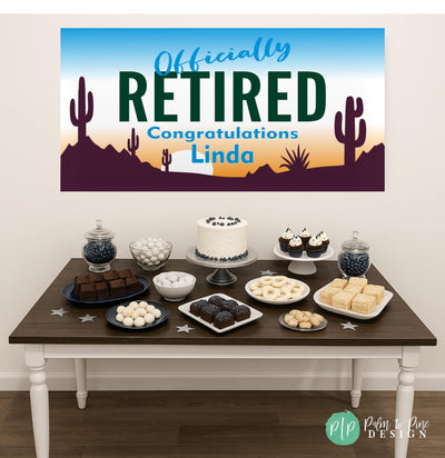 Personalized Retirement Banner, Arizona Sunset Desert Party Backdrop with Cactus, Southwestern Retirement Party Banner, Sunset Desert Decor
