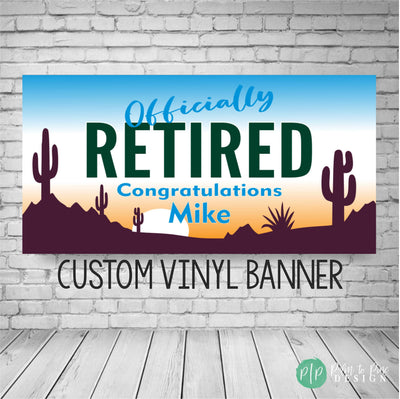 Personalized Retirement Banner, Arizona Sunset Desert Party Backdrop with Cactus, Southwestern Retirement Party Banner, Sunset Desert Decor