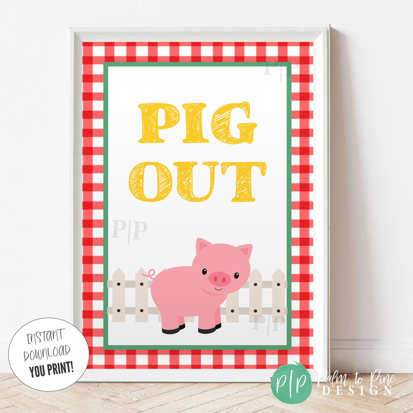 Barnyard birthday printable sign with cute pink pig and country gingham border, instant download party table decoration