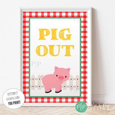 Barnyard birthday printable sign with cute pink pig and country gingham border, instant download party table decoration