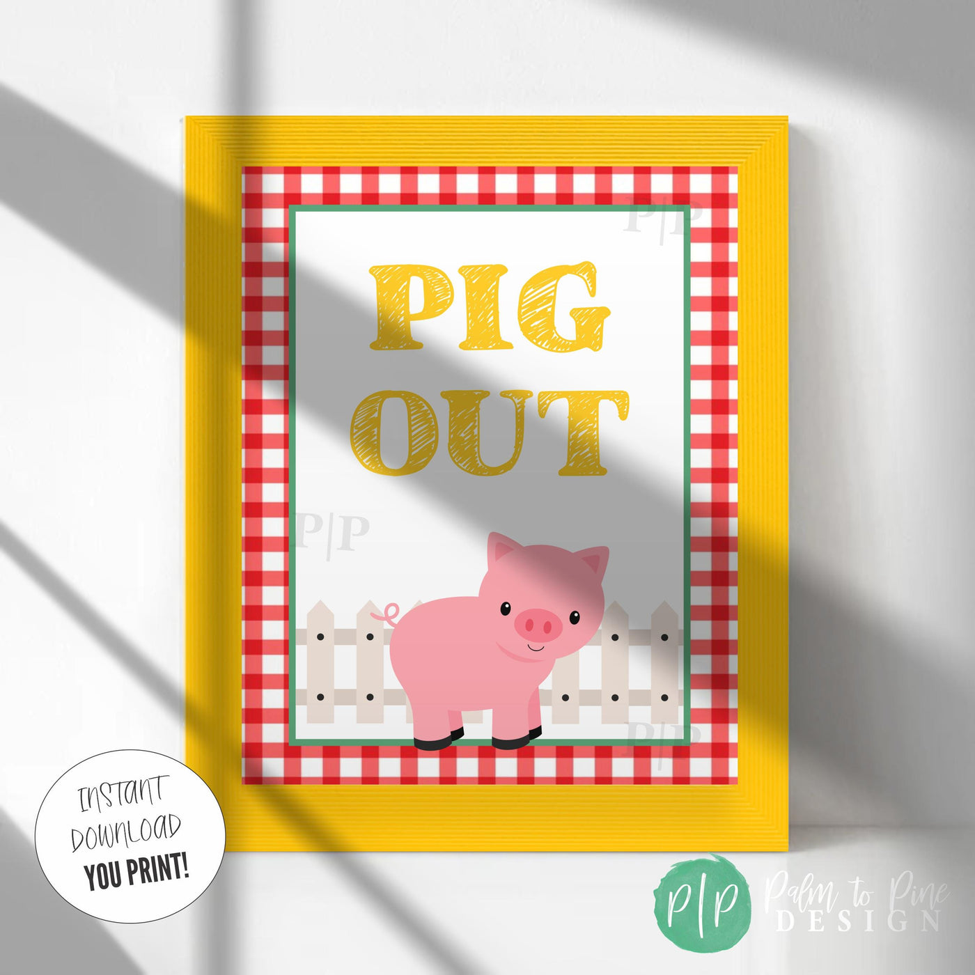 Printable “Pig Out” food table sign with pig clipart and red gingham, rustic farm party instant download decoration in yellow picture frame