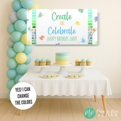 Create and Celebrate Art Party birthday in blue, green and yellow color scheme for boys painting party with dessert table and personalized banner