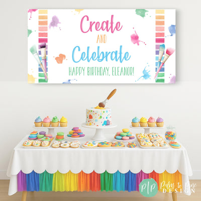 Create and Celebrate Rainbow Art Party birthday with dessert table and personalized banner