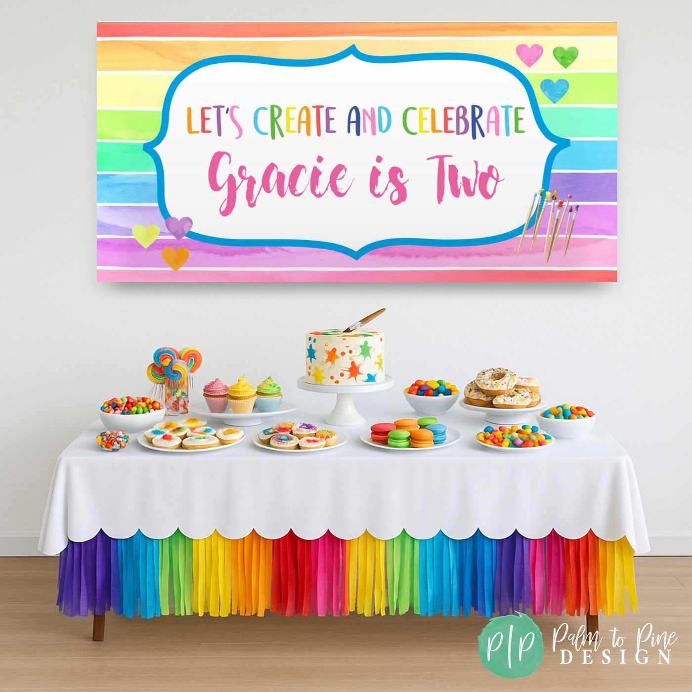 Colorful Rainbow Art Painting Birthday Party Banner and dessert table