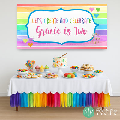 Colorful Rainbow Art Painting Birthday Party Banner and dessert table