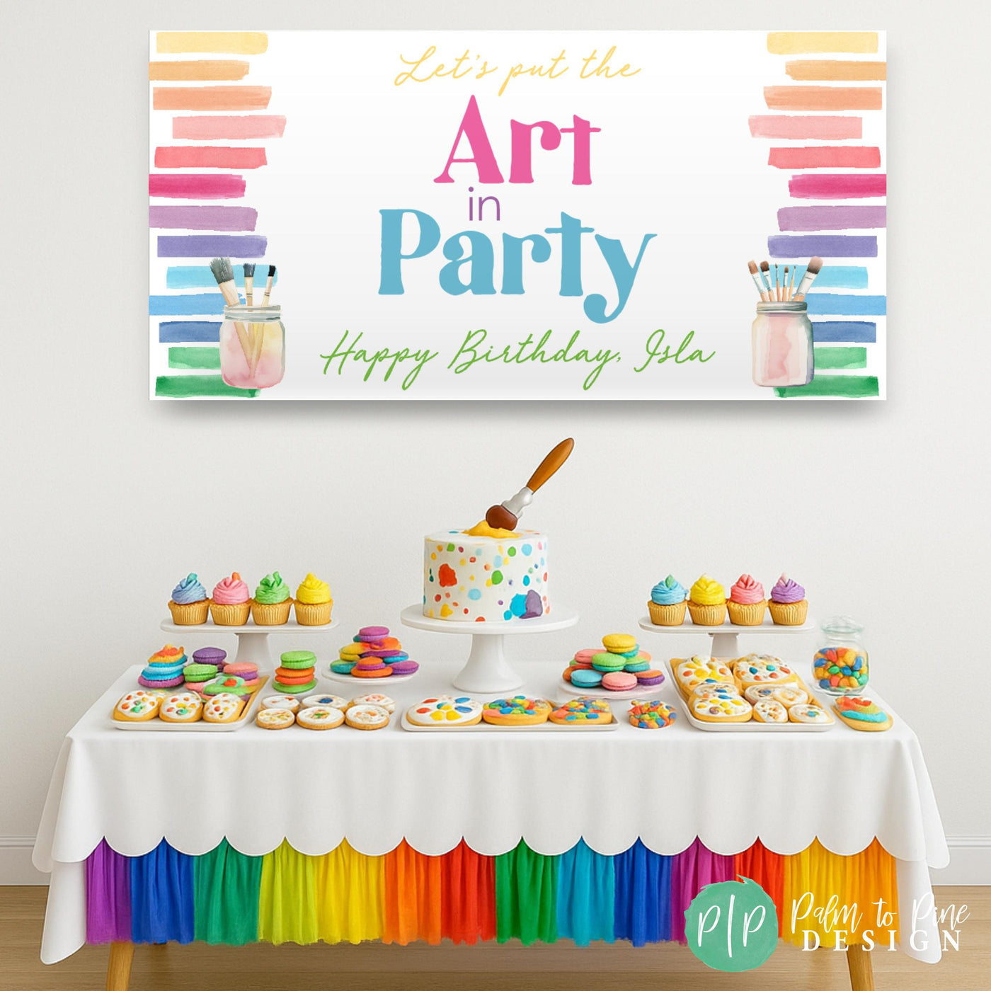 Bring big, bold fun to an energetic artist’s birthday with this vibrant paint-party banner! Featuring a watercolor inspired design and easy to personalize with the birthday kids name! Available in sturdy vinyl print or a digital file for quick DIY printing. Hang it inside, outside, or at an art activity table to make the party pop! Reusable and proudly made in the USA for lasting colorful memories.