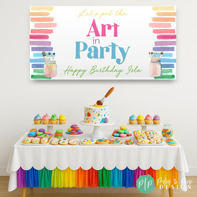 Bring big, bold fun to an energetic artist’s birthday with this vibrant paint-party banner! Featuring a watercolor inspired design and easy to personalize with the birthday kids name! Available in sturdy vinyl print or a digital file for quick DIY printing. Hang it inside, outside, or at an art activity table to make the party pop! Reusable and proudly made in the USA for lasting colorful memories.