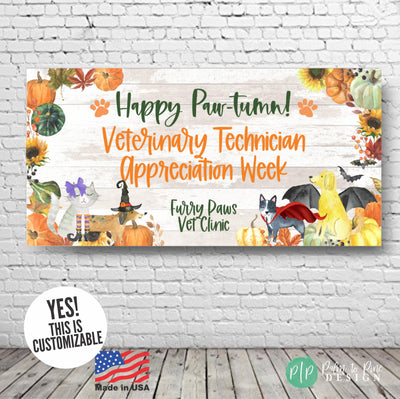 Fall Themed Veterinary Technician Appreciation Week Banner with pumpkins and pets in Halloween Costumes