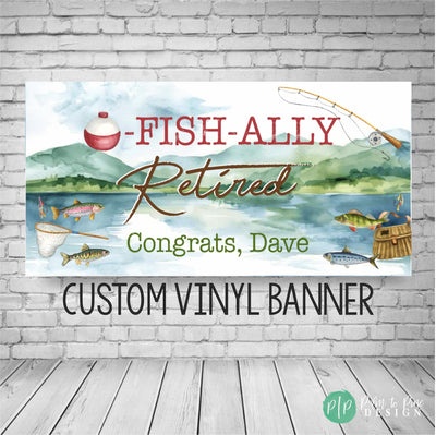adult fishing themed retirement banner that includes a watercolor background of a lake and fishing equipment clipart like a fishing rod and reel, bobbers and fish