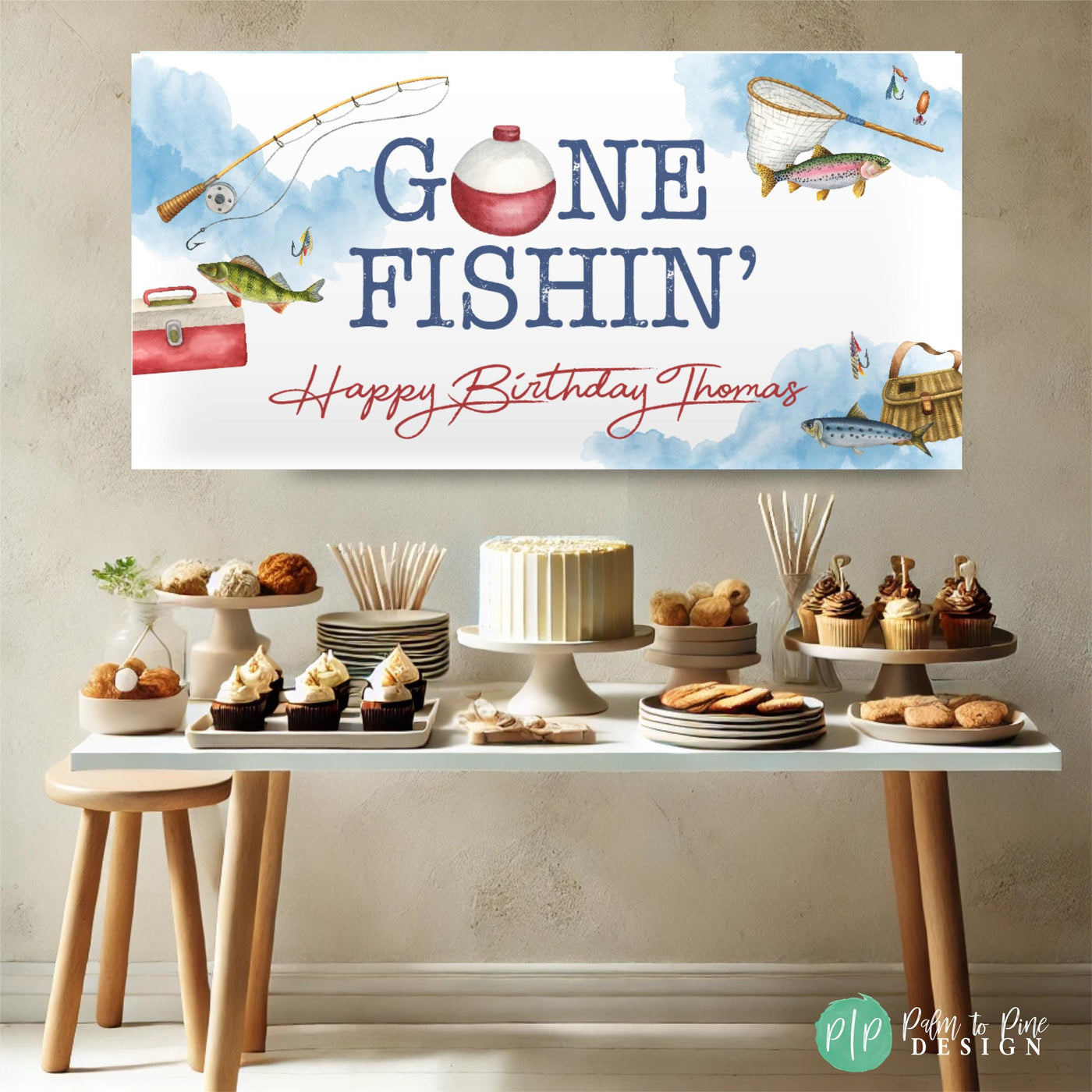 Gone Fishing themed birthday featuring a personalized Gone Fishin&#39; birthday banner with watercolor lake scenery and fishing gear illustrations including rod, reel, bobbers, and fish