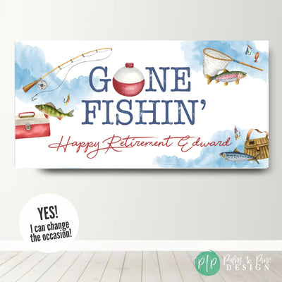 Adult fishing retirement banner with watercolor lake background, fishing rod and reel, bobbers, and fish clipart decorations