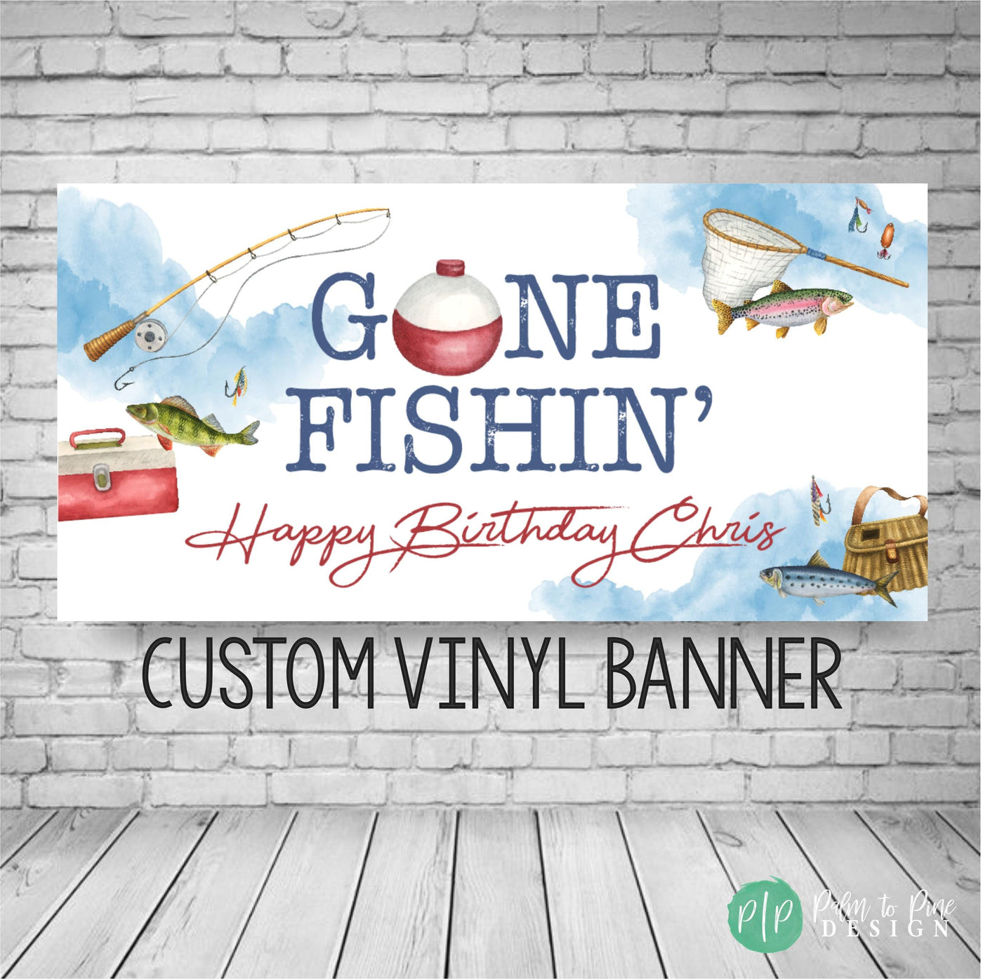 Gone Fishing Birthday Banner for Adult Fishing Party with watercolor lake and fishing gear accents