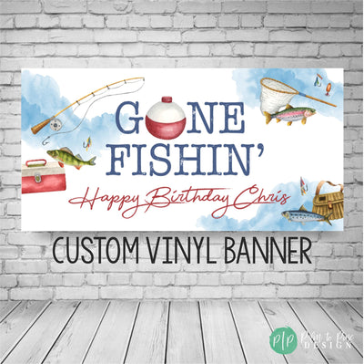 Gone Fishing Birthday Banner for Adult Fishing Party with watercolor lake and fishing gear accents