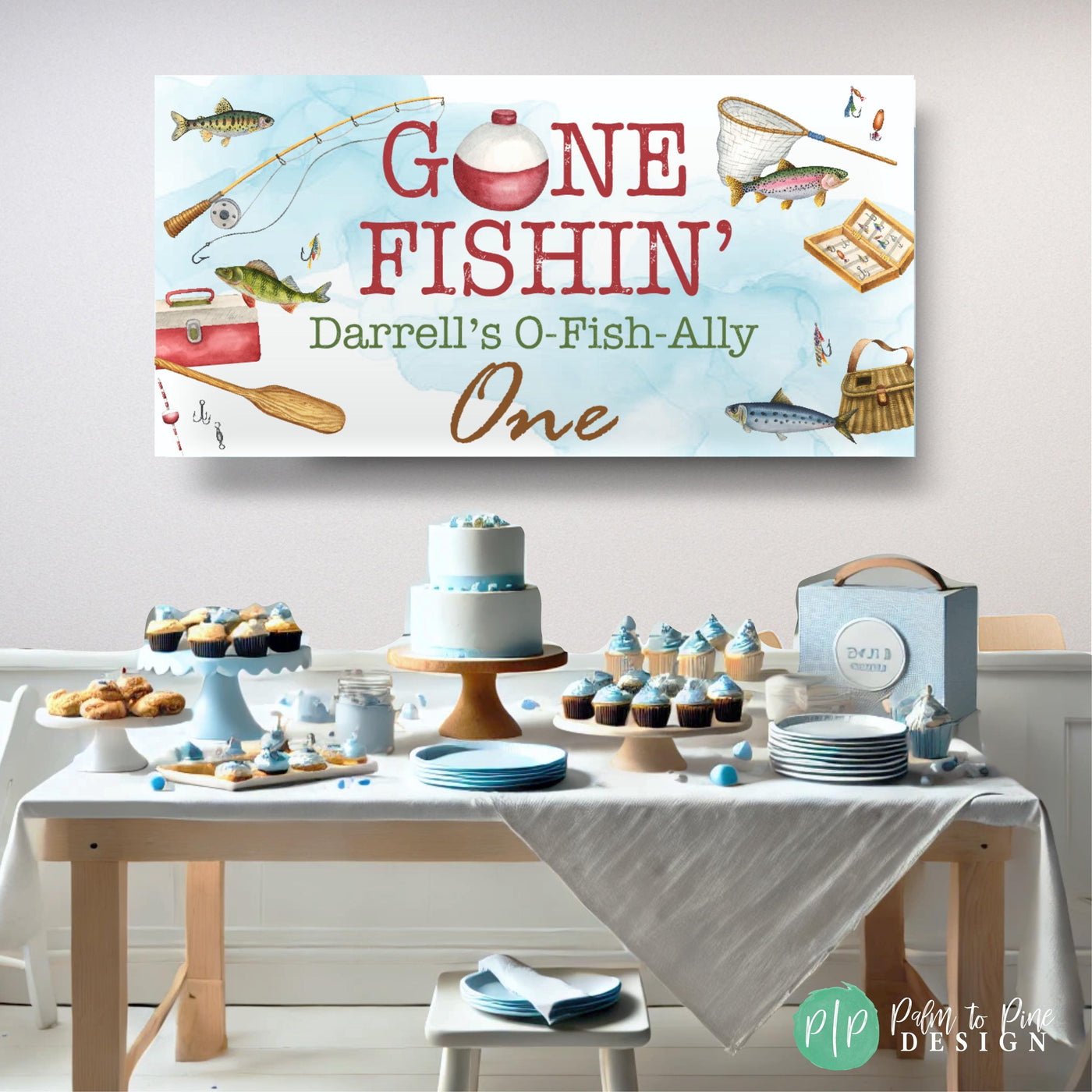O-Fish-Ally One Fishing themed birthday party with Gone Fishin&#39; banner and light blue dessert table