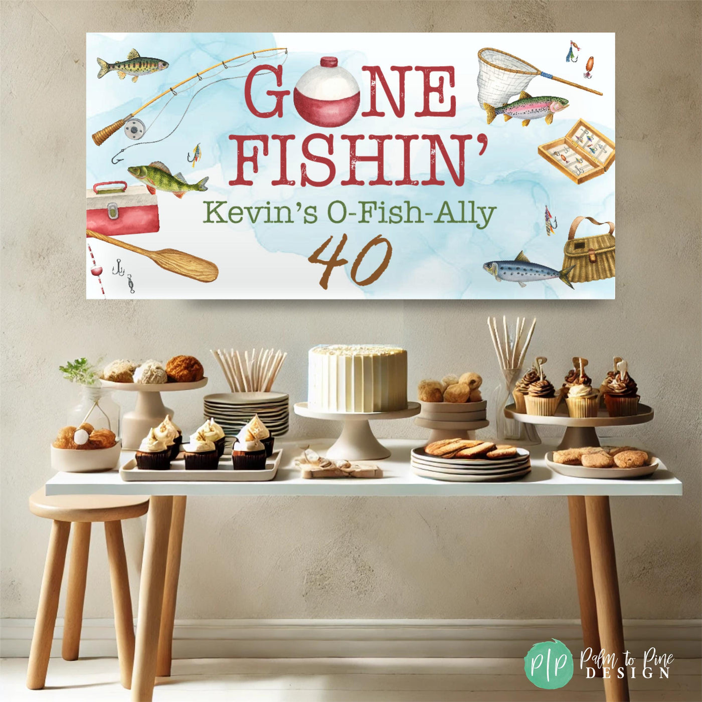 40th birthday fishing themed party with gone fishin&#39; theme and dessert table