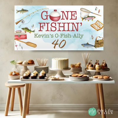 40th birthday fishing themed party with gone fishin&#39; theme and dessert table