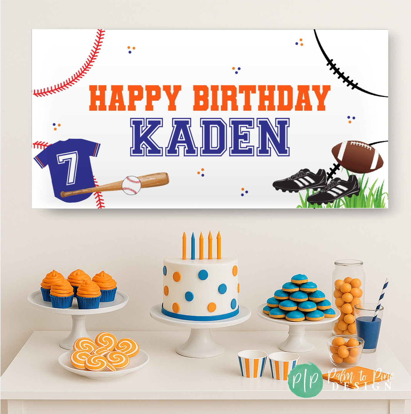 Game day all star party banner in football and baseball theme hanging behind dessert table