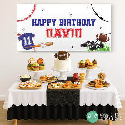 Sports Birthday Banner with Football and Baseball Design